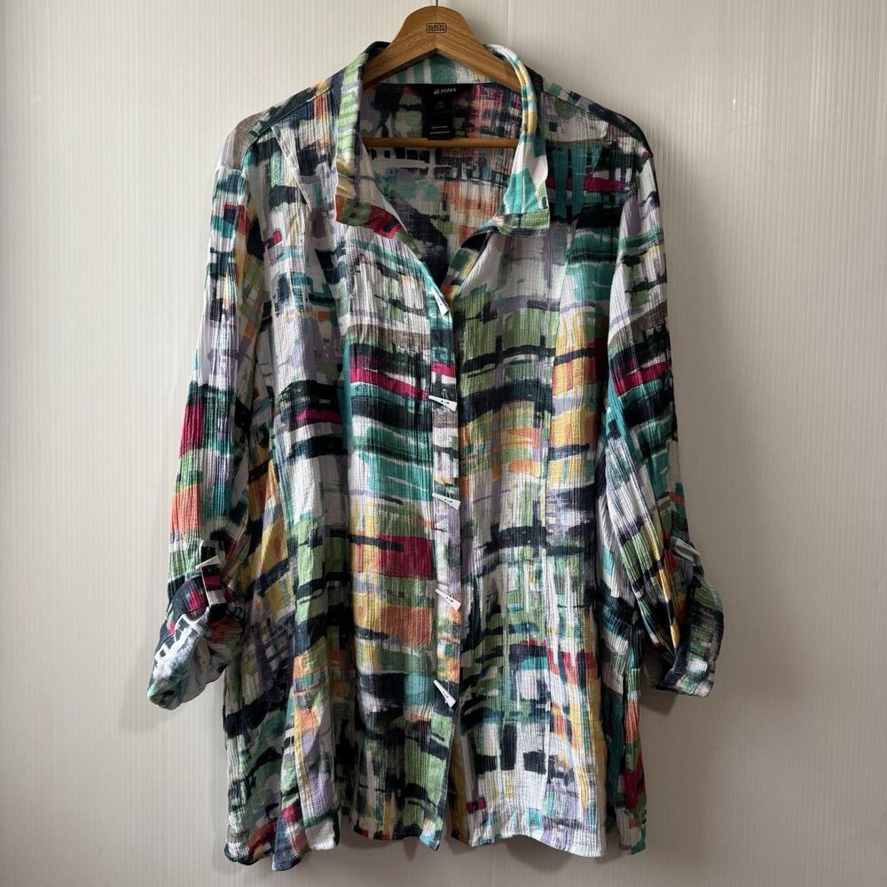 Ali Miles 2X Top Tunic Blouse M Artsy Button Front Colorful Roll Tab Wire Collar